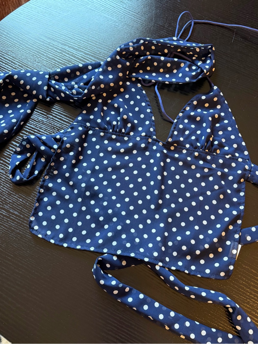 Navy Polka Dot Sheer Halter Cami with Scarf Tie - Picture 3 of 6